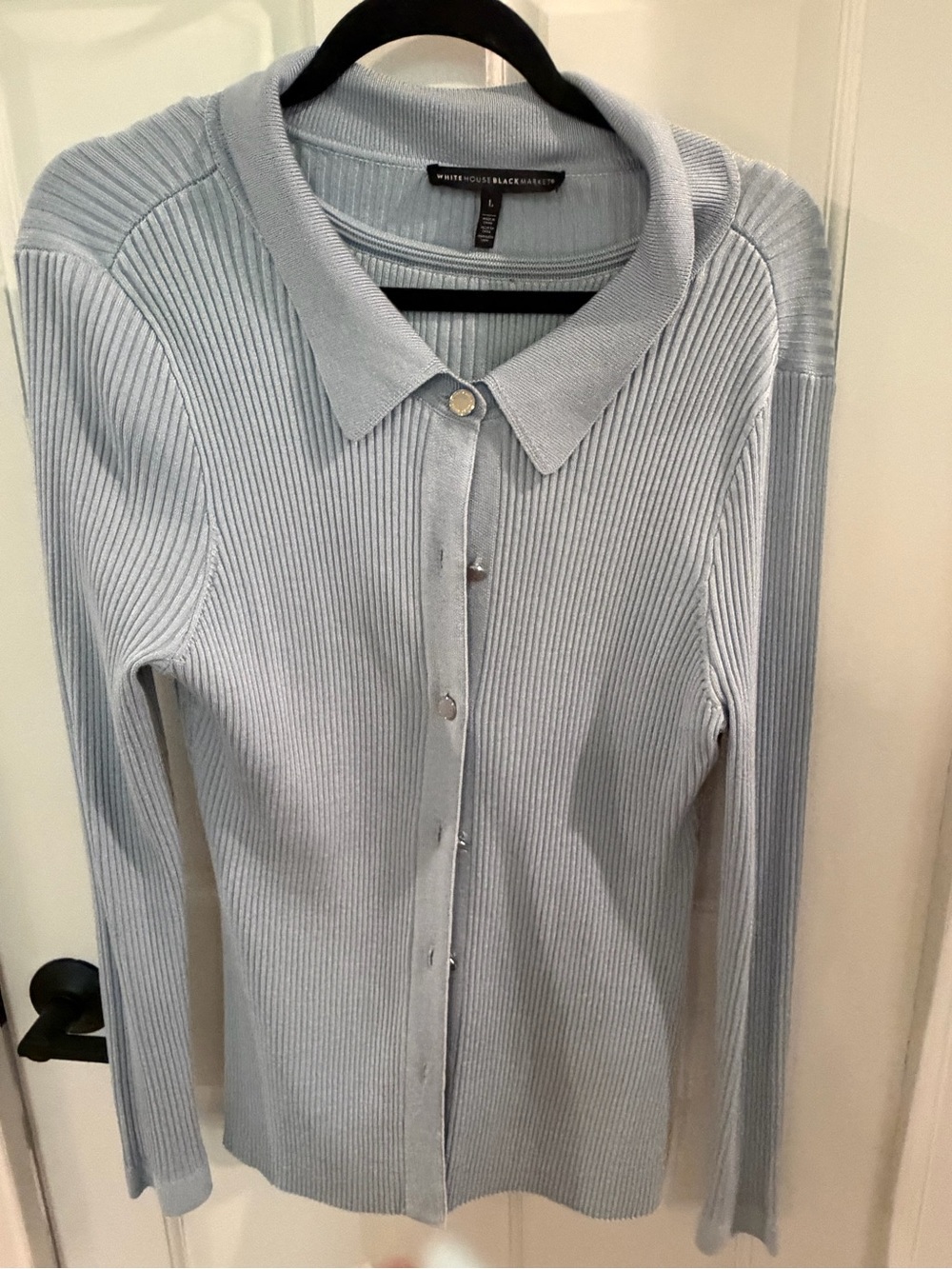 White House Black Market Pale Blue Ribbed Button-Down Top